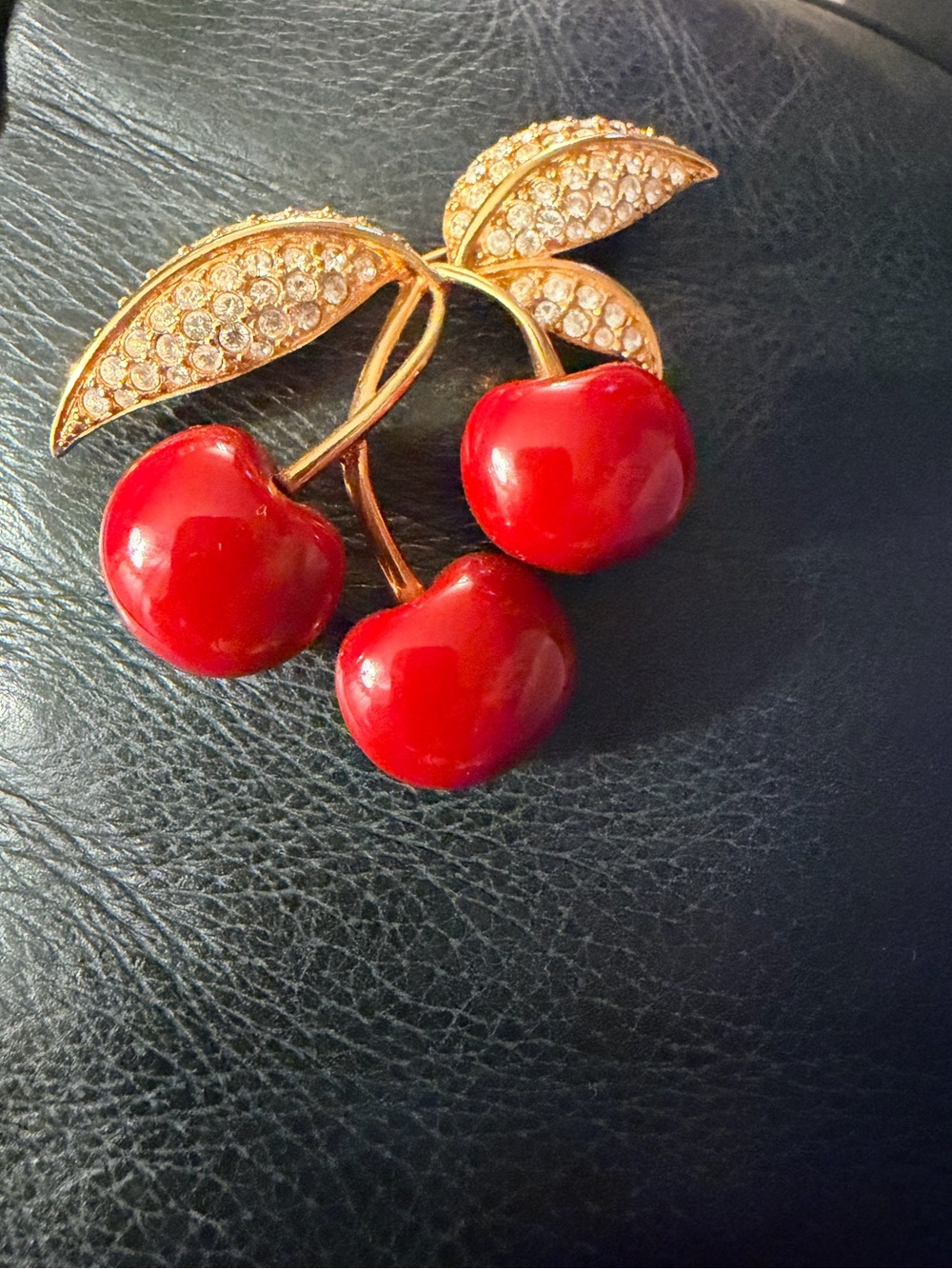 Signed Vintage Joan Rivers Red Cherry Brooch Pin Rhinestone Gold Tone